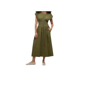NWT Madewell Women’s XXS Smocked-Waist Maxi Dress in Stripe Seersucker Olive